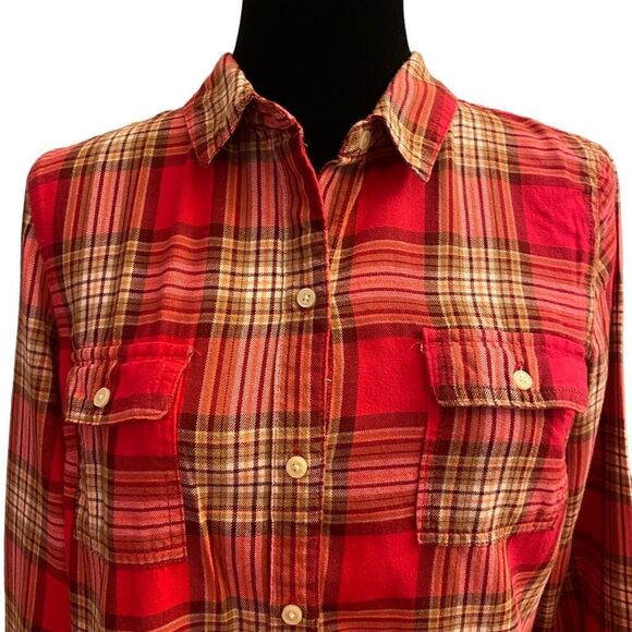 Old Navy Red Plaid Long Sleeve Flannel Button Down‎ Top Sz M - Picture 2 of 13